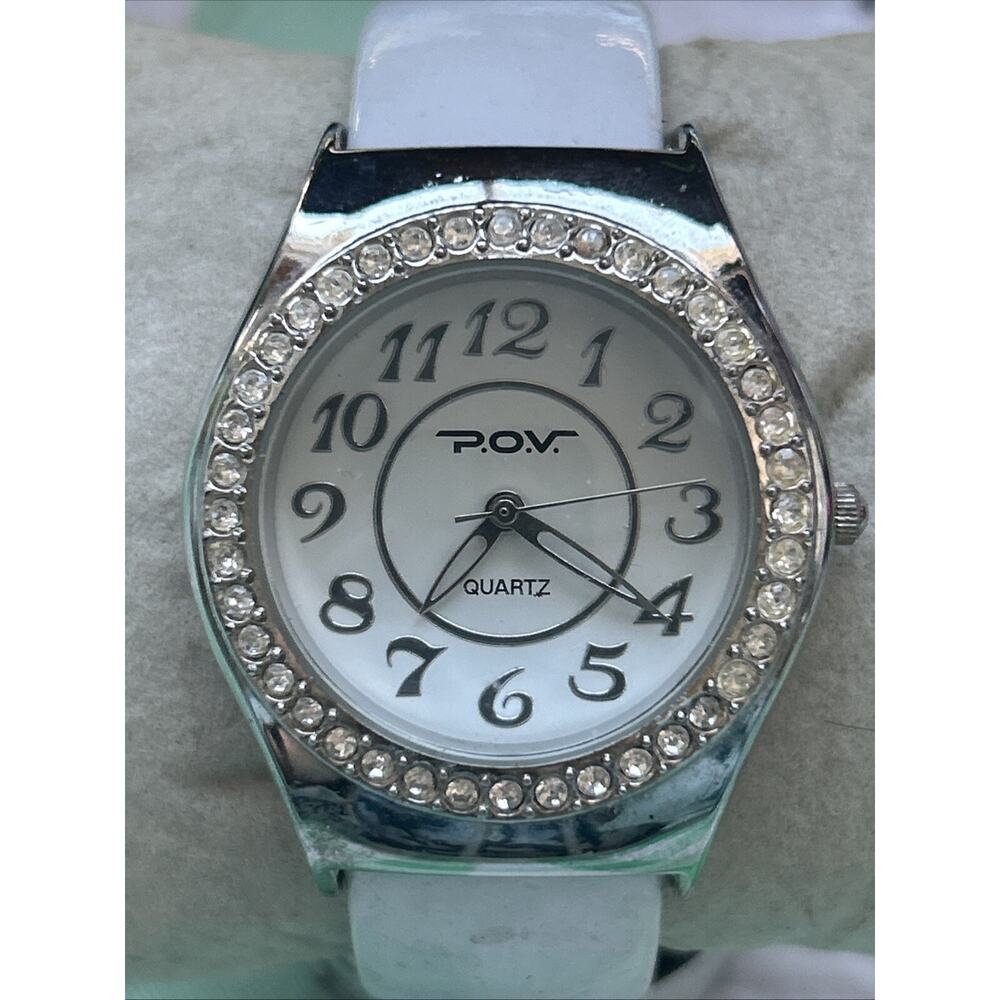 P.O.V. Silver Tone Rhinestone Bezel White Women’s Women’s Cuff Watch